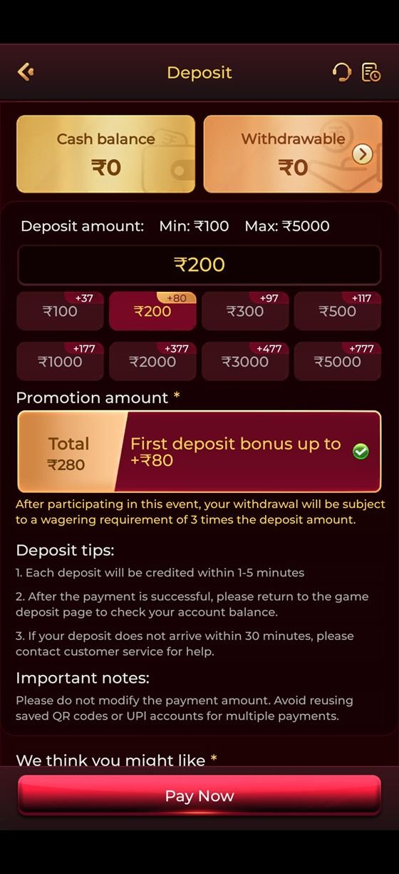 Y1 Game app deposit screen with preset amounts from ₹100 to ₹5000 and the first-deposit bonus calculated live