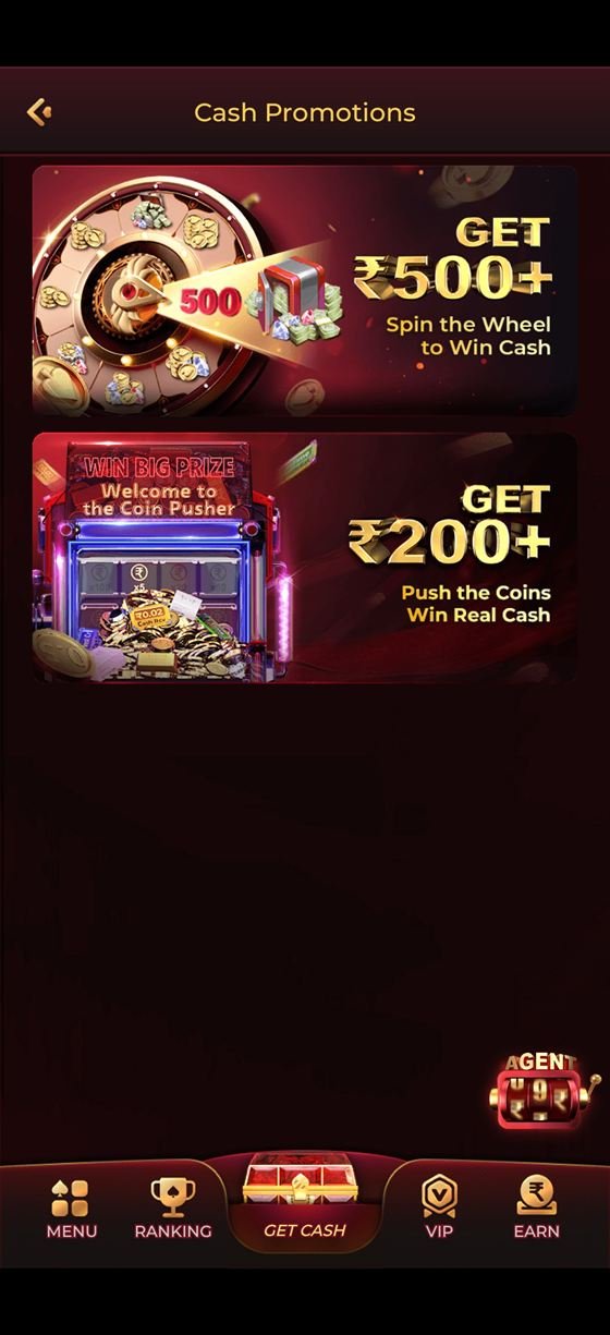 Y1 Game app cash promotions screen with spin-the-wheel and coin pusher reward events