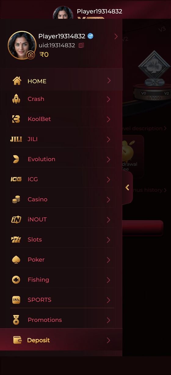 Y1 Game app side menu listing game categories including Slots, Casino, Crash, Fishing and Promotions