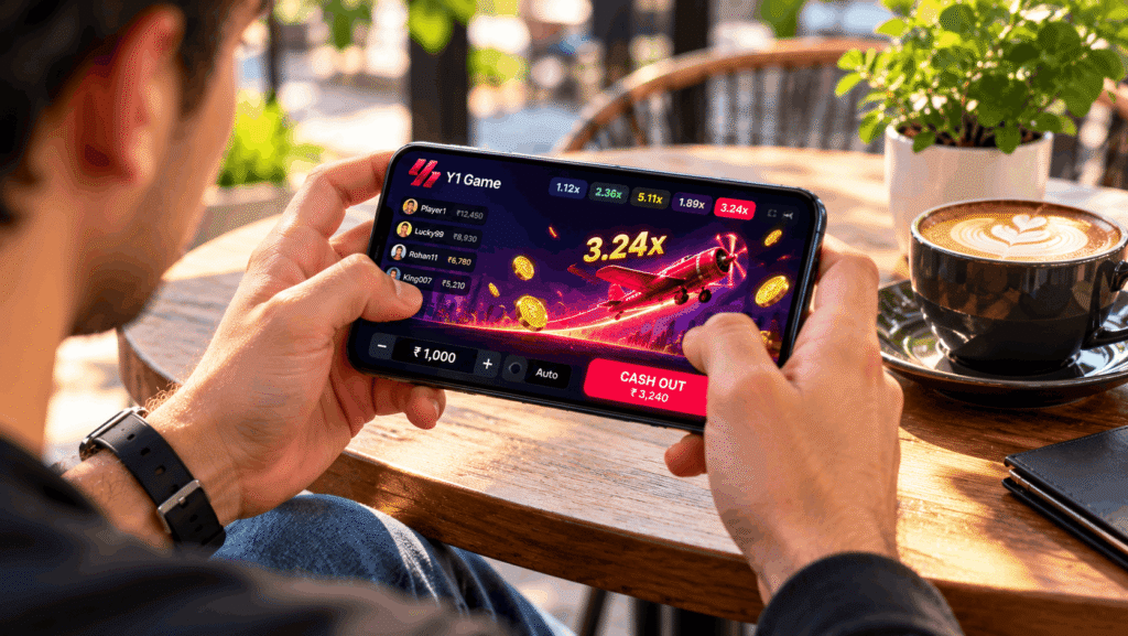 3D conceptual illustration featuring a smartphone with gold coins and a security shield, representing the Y1 Game App's secure reward system.