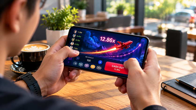 A person holding an Android smartphone playing the lightweight Y1 Game app seamlessly in a modern, well-lit environment.