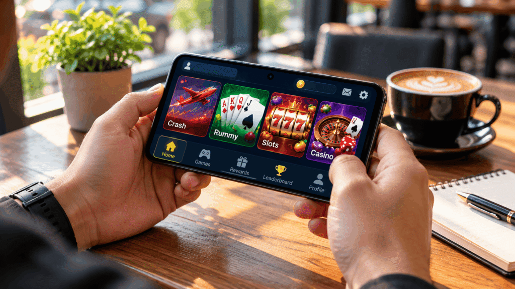 Adult using an Android smartphone to explore a mobile gaming app in a sunny café.