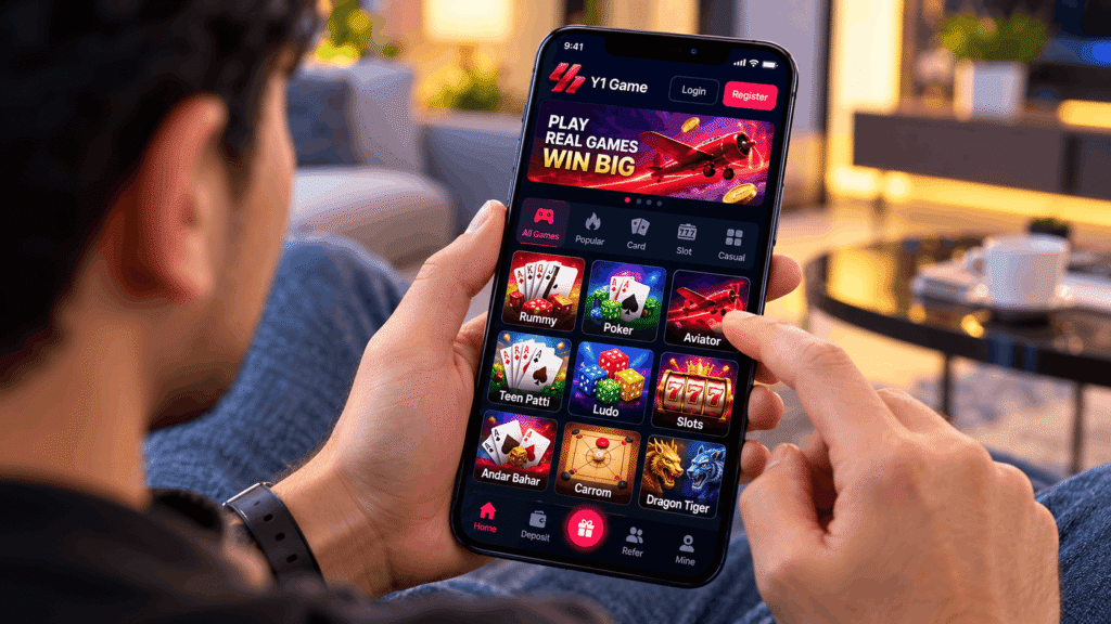 Close-up of a user navigating the diverse game library on the Y1 Game App mobile dashboard.