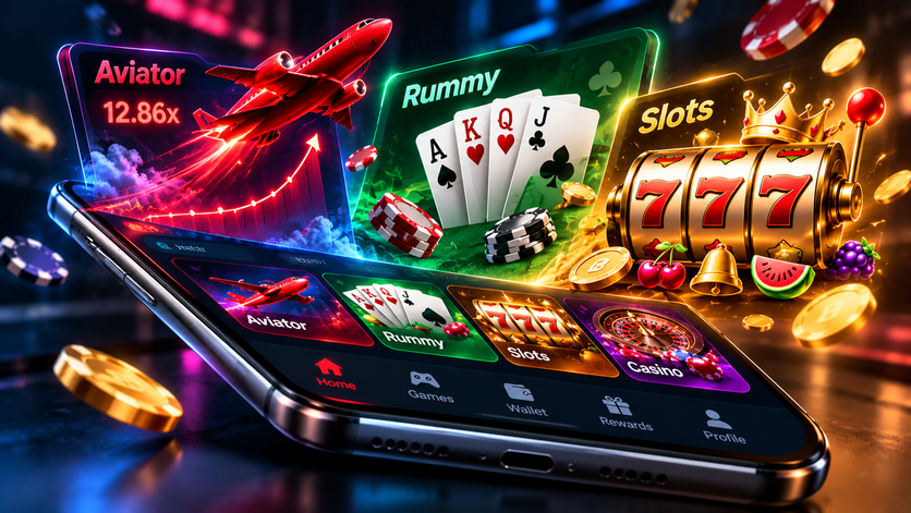 Digital playing cards, an airplane, and slot reels emerging from a smartphone screen, showcasing the variety of games on the Y1 app.