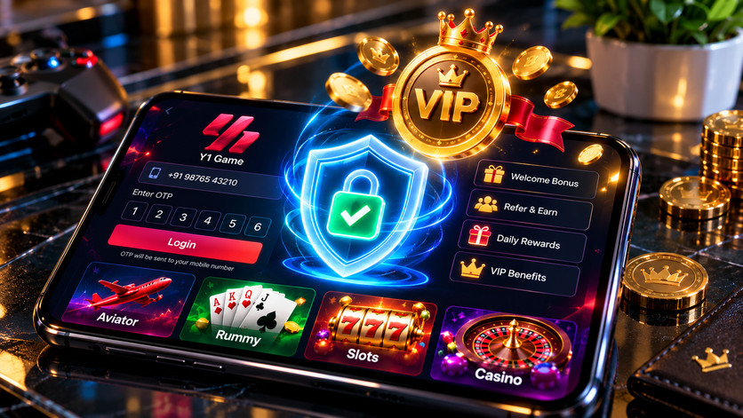 A glowing smartphone screen featuring a digital VIP coin and a cybersecurity shield, representing secure OTP logins and rewards in Y1 Game.