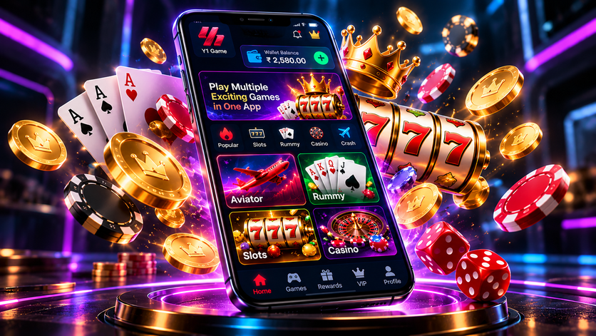 3D render of a modern smartphone displaying a gaming app with floating gold coins and casino chips.