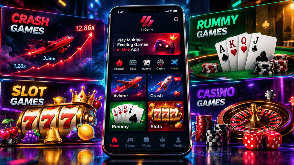 Y1 Game app dashboard illustrating card games, slot reels, and crash-game interfaces.