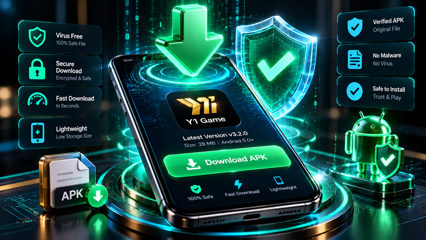 Conceptual 3D illustration of a smartphone protected by a holographic security shield during a safe file download.