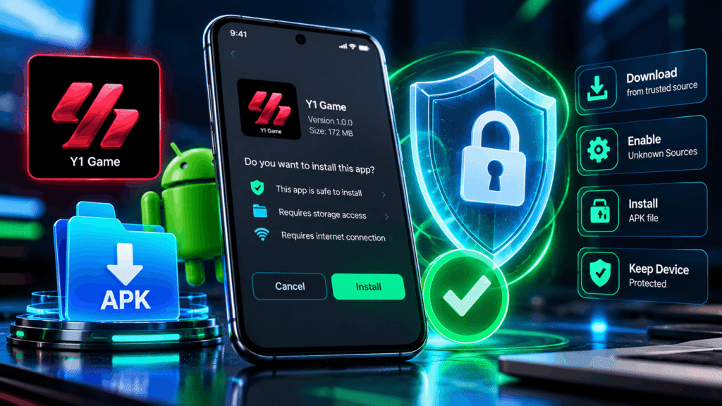 Android smartphone displaying an app installation concept with digital security shield and download icon.