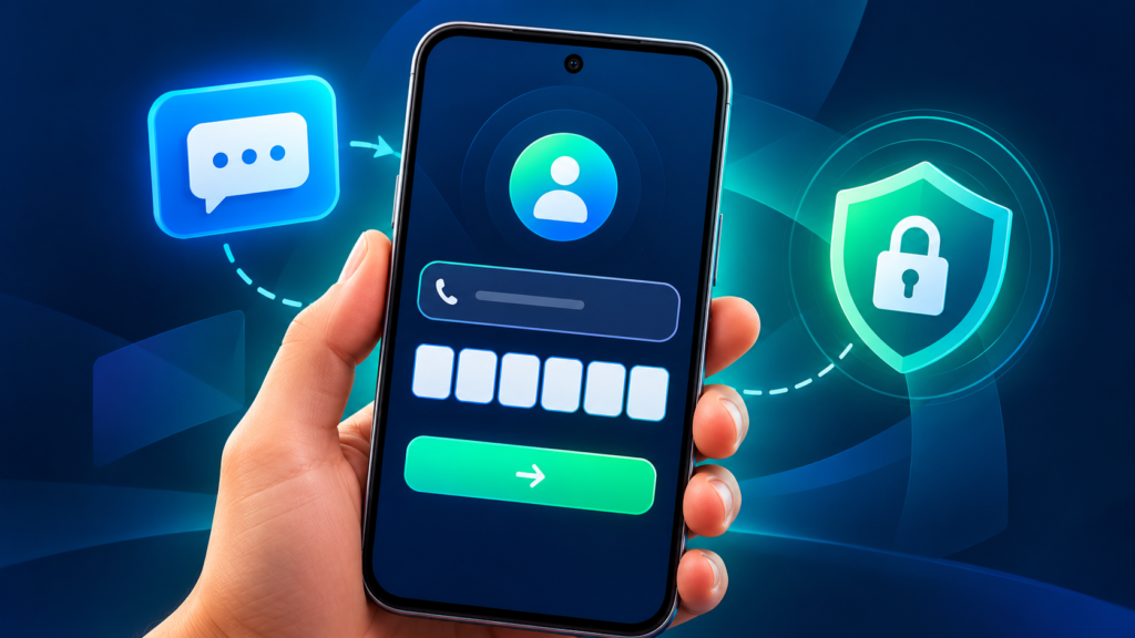 Phone showing mobile number and OTP login screen.