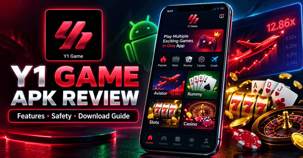 Y1 Game APK review featuring a mobile gaming dashboard and app interface.
