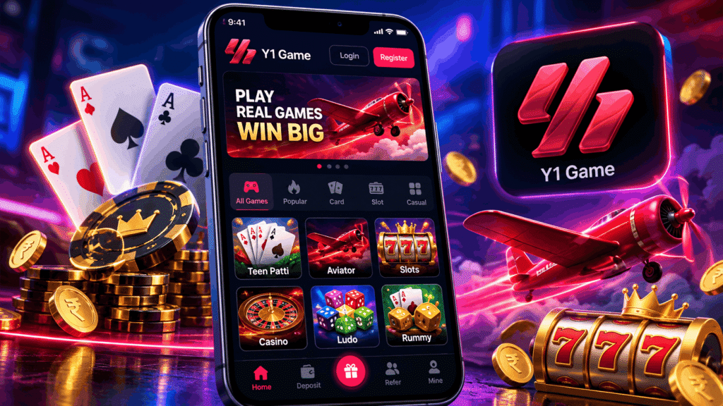 A sleek smartphone displaying the vibrant Y1 Game App interface against a dark neon background.