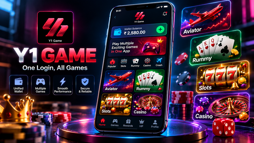 A modern smartphone displaying the sleek, unified dashboard and single-wallet feature of the Y1 Game App new version.