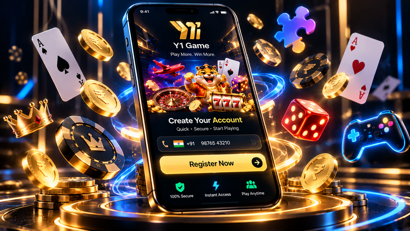 A modern smartphone displaying a sleek gaming app registration screen with floating game elements.