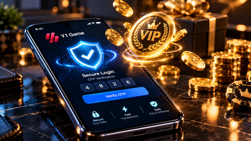 A glowing smartphone screen featuring a digital VIP coin and a cybersecurity shield, representing secure OTP logins and rewards in Y1 Game.